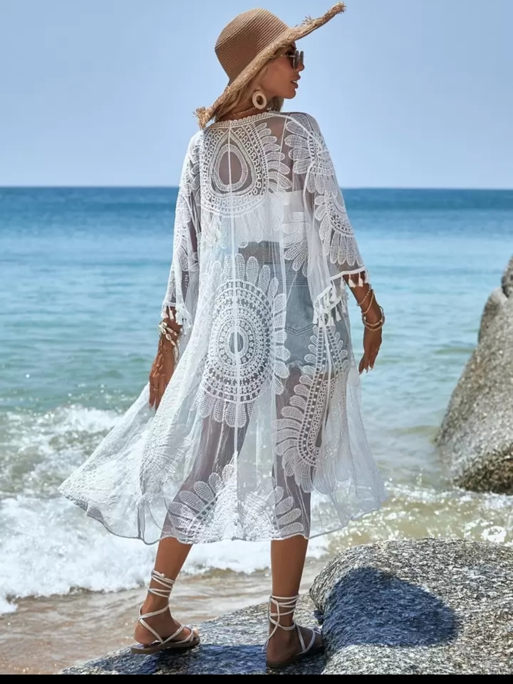 Boho White Mesh Floral Kimono NWOT Swim Cover Festival Resortwear OSFM